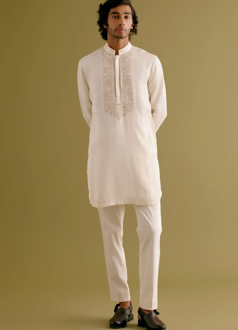 Ivory Silk Satin Dori Embroidered Kurta Set
