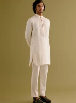 Ivory Silk Satin Dori Embroidered Kurta Set