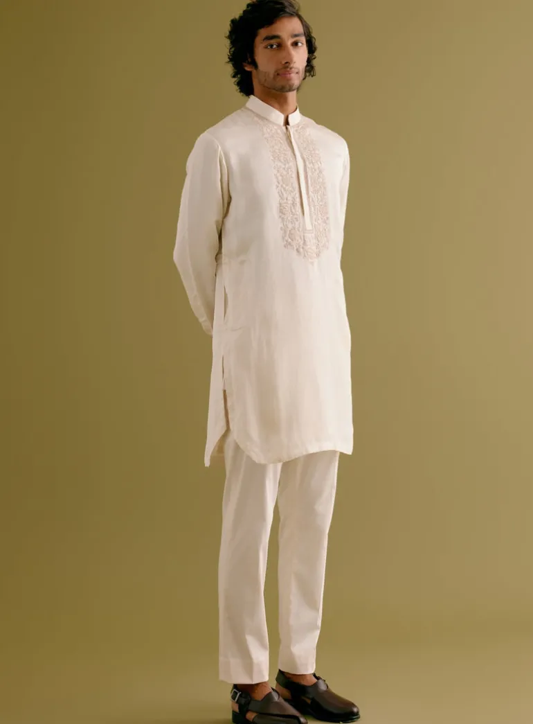 Ivory Silk Satin Dori Embroidered Kurta Set