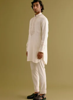 Ivory Silk Satin Dori Embroidered Kurta Set