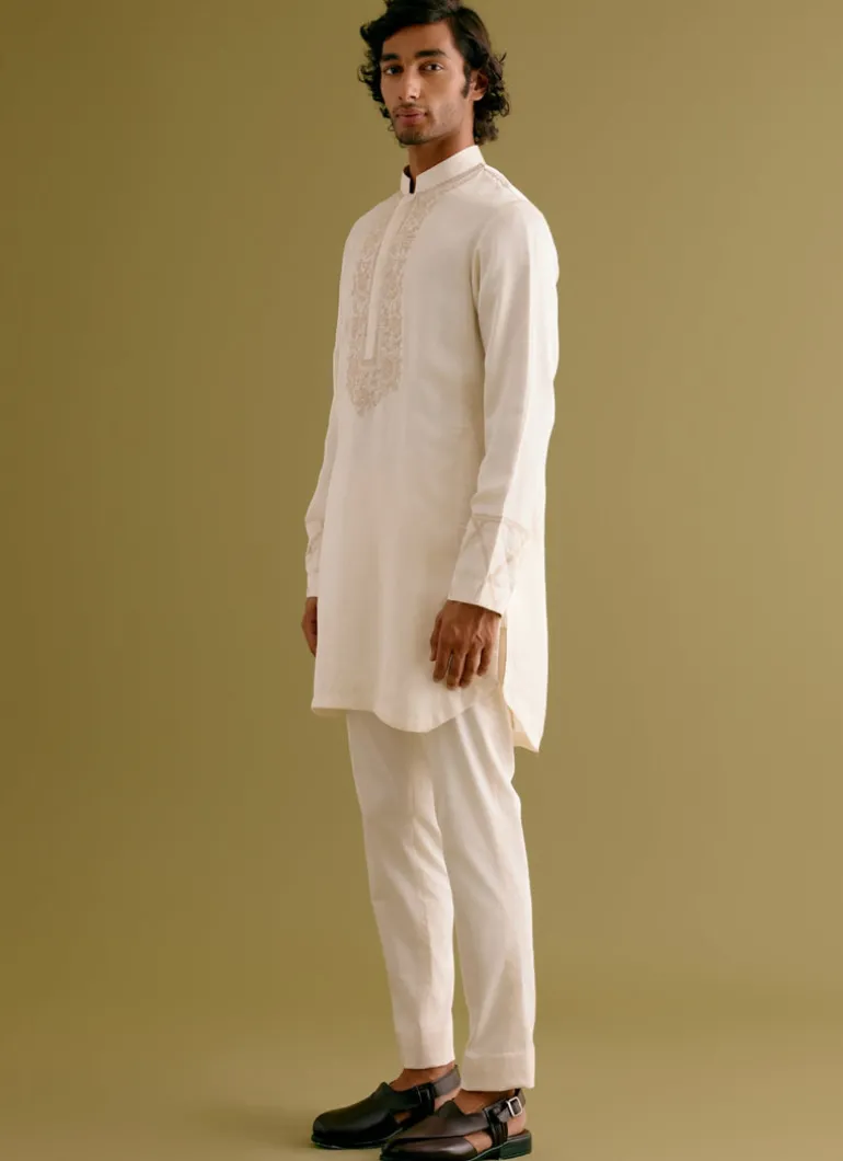 Ivory Silk Satin Dori Embroidered Kurta Set