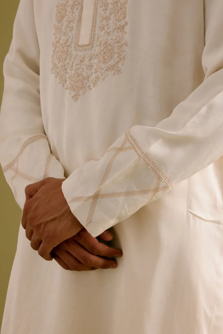 Ivory Silk Satin Dori Embroidered Kurta Set