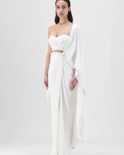 Ivory Structured Blouse With Drape Skirt Set