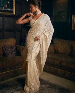 Ivory Thread Work Sari Set