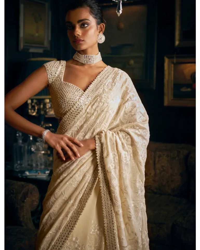 Ivory Thread Work Sari Set