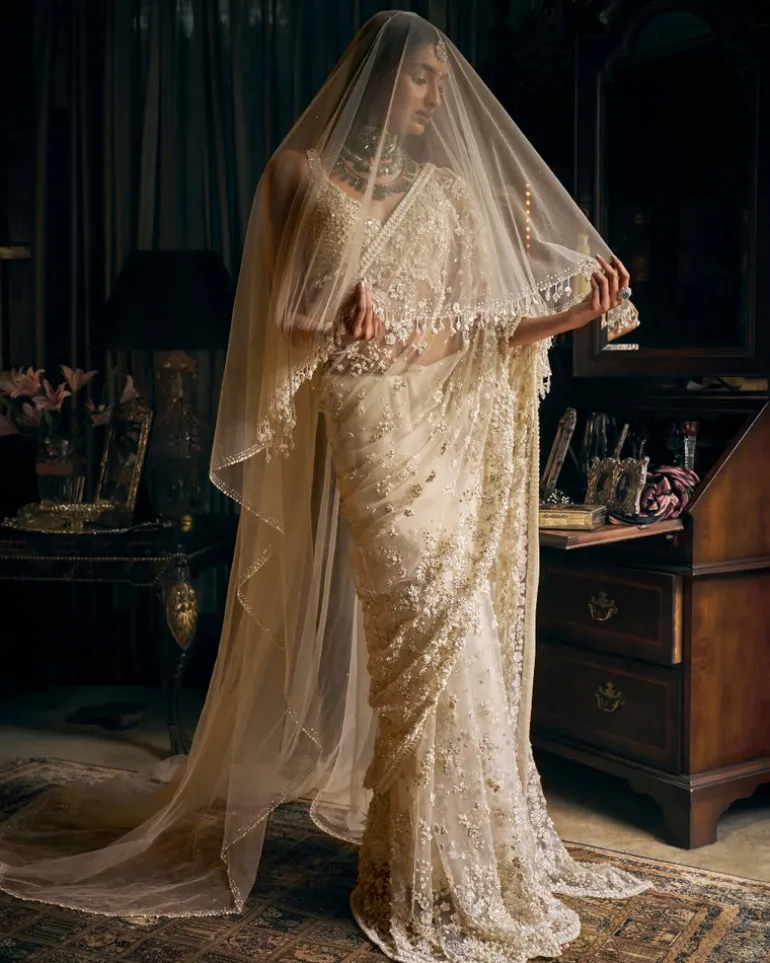 Ivory Three-Dimensional Sari With Strappy Blouse
