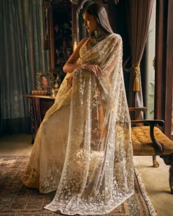 Ivory Three-Dimensional Sari With Strappy Blouse