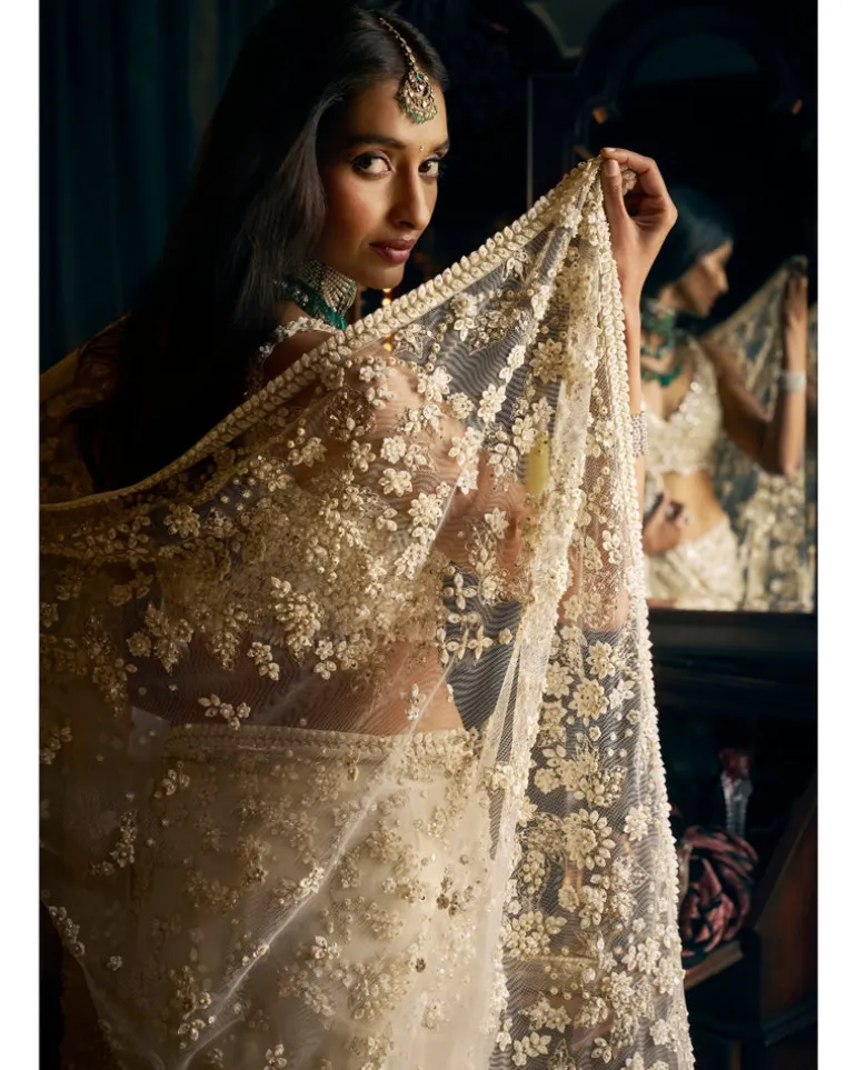 Ivory Three-Dimensional Sari With Strappy Blouse