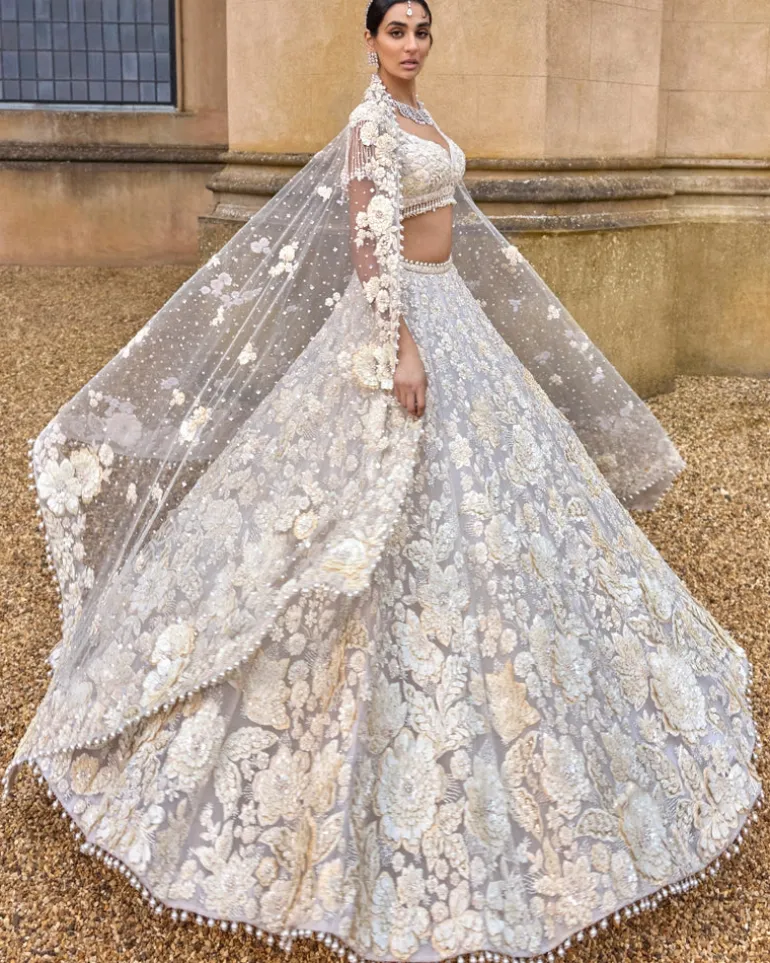 Ivory Three-Dimensional With Exaggerated Pearl Tassels Lehenga Set