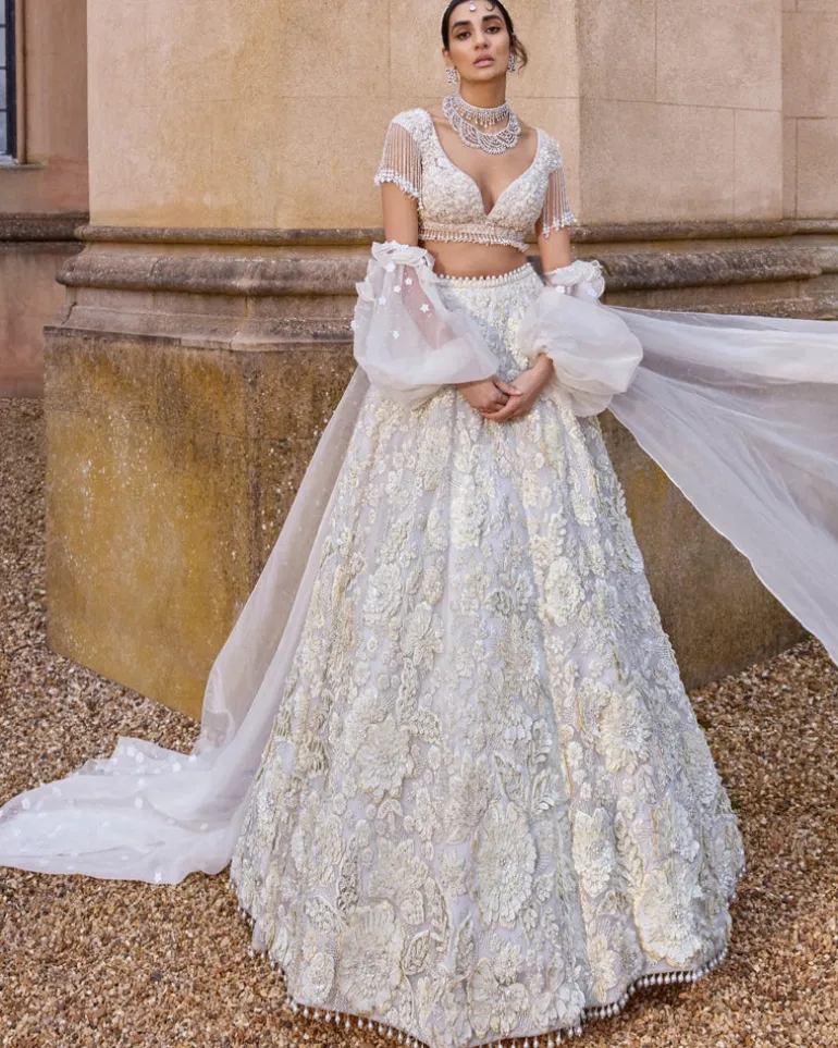 Ivory Three-Dimensional With Exaggerated Pearl Tassels Lehenga Set