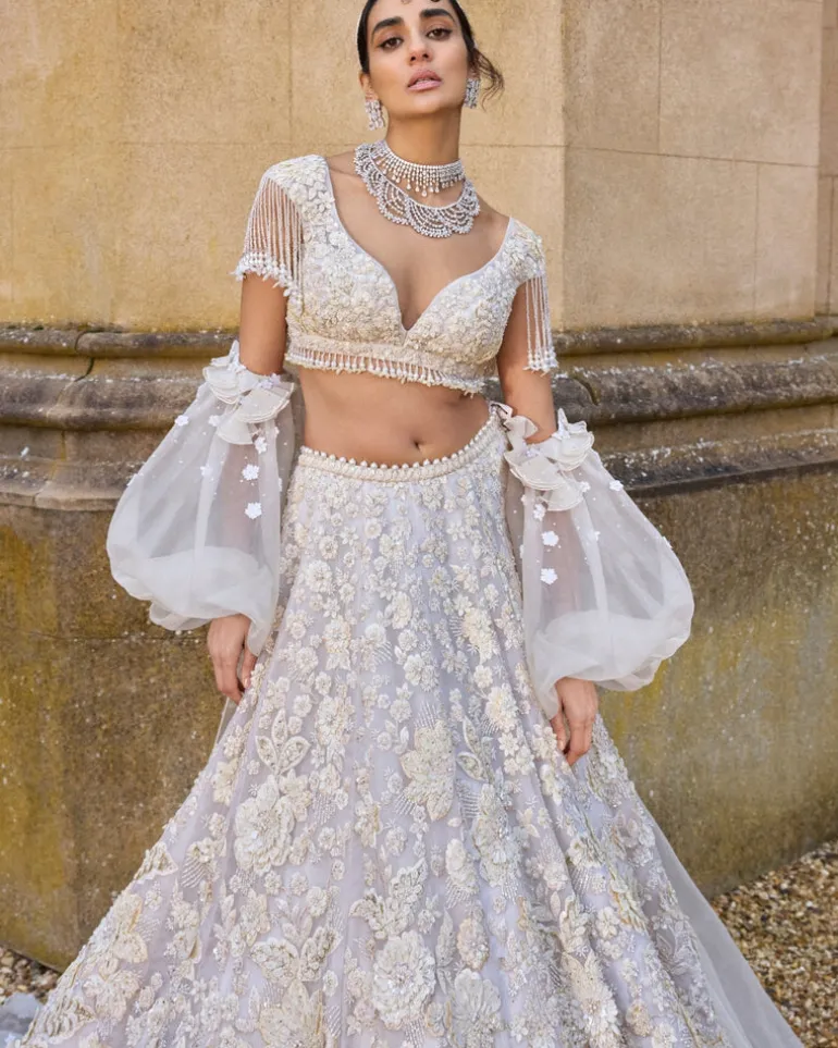 Ivory Three-Dimensional With Exaggerated Pearl Tassels Lehenga Set