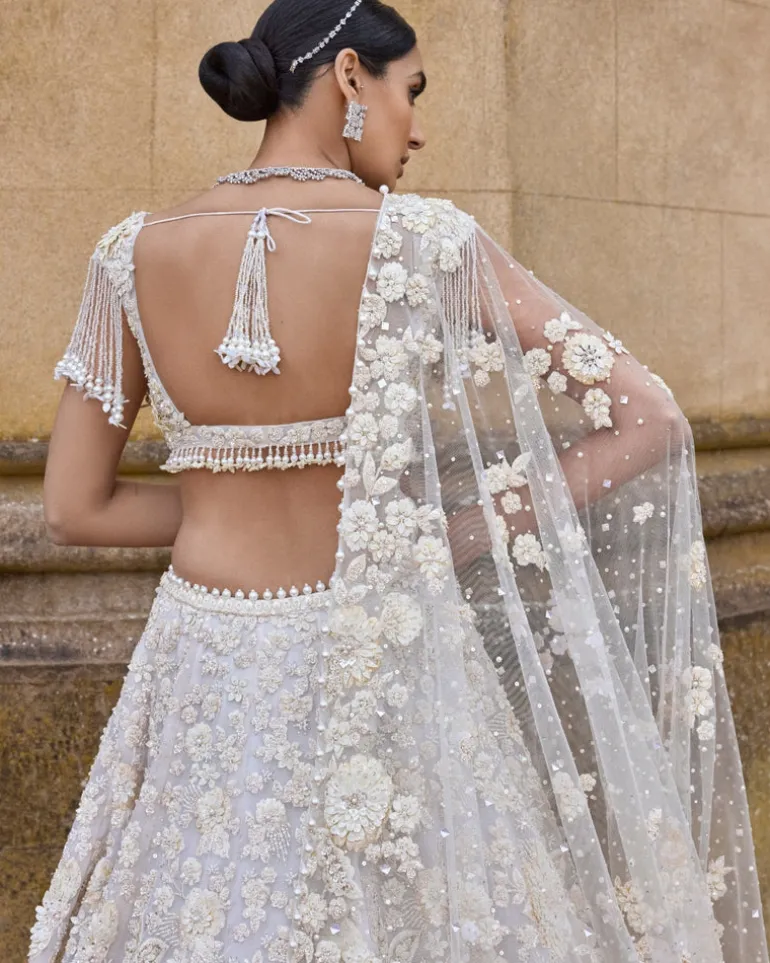 Ivory Three-Dimensional With Exaggerated Pearl Tassels Lehenga Set