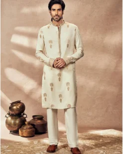 Ivory Traveler's Palm Jacquard Kurta