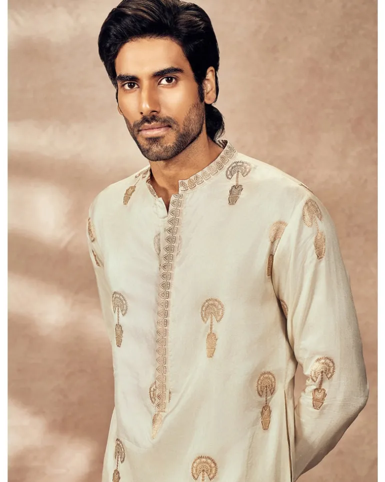 Ivory Traveler's Palm Jacquard Kurta