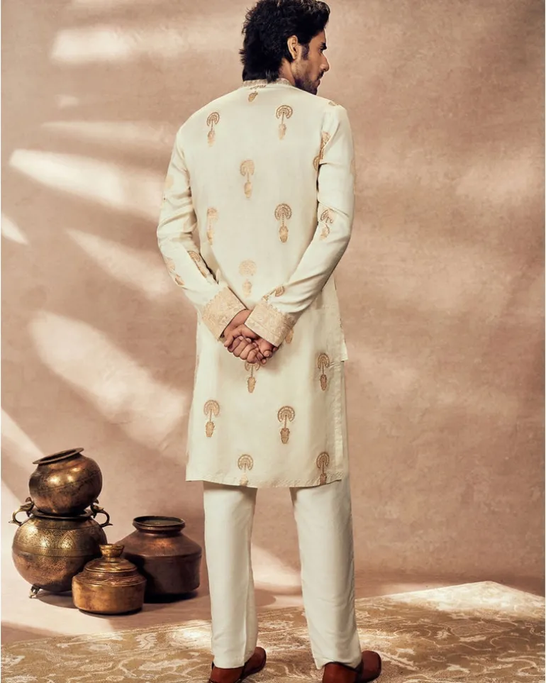 Ivory Traveler's Palm Jacquard Kurta