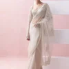 Ivory Tulle Pre-Stitched Sari With Umbrella Sleeve Blouse