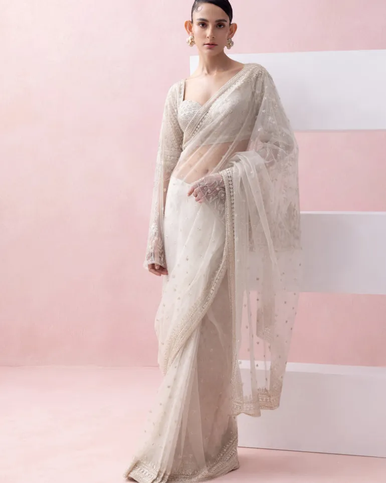Ivory Tulle Pre-Stitched Sari With Umbrella Sleeve Blouse