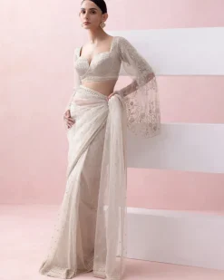 Ivory Tulle Pre-Stitched Sari With Umbrella Sleeve Blouse