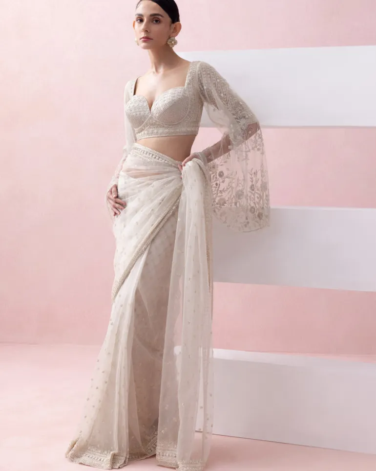 Ivory Tulle Pre-Stitched Sari With Umbrella Sleeve Blouse