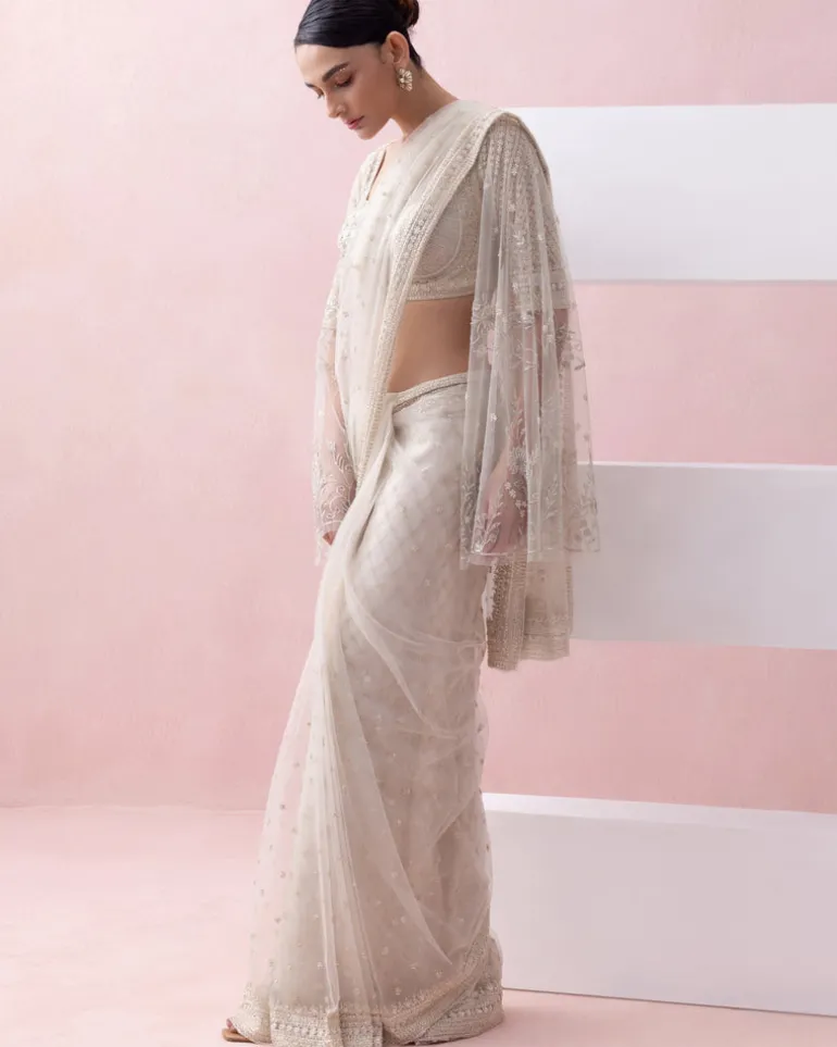 Ivory Tulle Pre-Stitched Sari With Umbrella Sleeve Blouse
