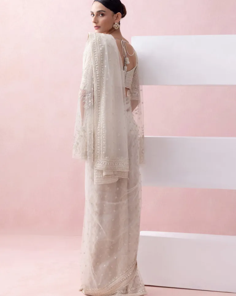 Ivory Tulle Pre-Stitched Sari With Umbrella Sleeve Blouse