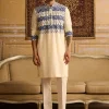 Ivory With Indigo Blue Geometric Embroidered Kurta With Ivory Pants