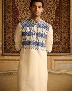 Ivory With Indigo Blue Geometric Embroidered Kurta With Ivory Pants