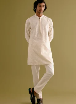 Ivory Woven Kurta Set With Dori Embroidered Bandi