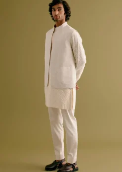Ivory Woven Kurta Set With Dori Embroidered Bandi