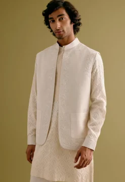 Ivory Woven Kurta Set With Dori Embroidered Bandi