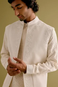Ivory Woven Kurta Set With Dori Embroidered Bandi