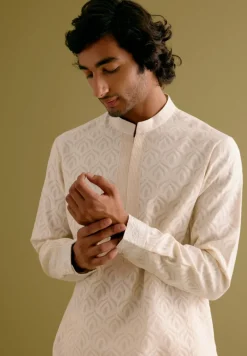 Ivory Woven Kurta Set With Dori Embroidered Bandi