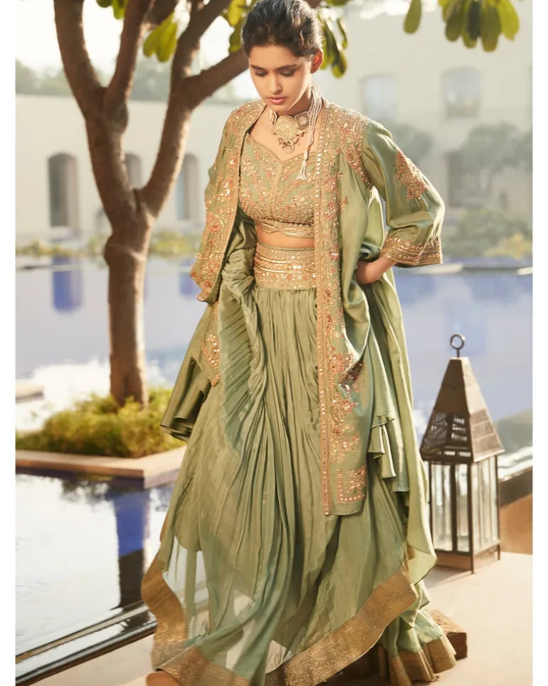 Jade Green Florentine Nayaab Cape Lehenga