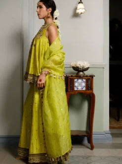 Jahanana Mehendi Green Embroidered Short Anarkali And Sharara With Dupatta Set