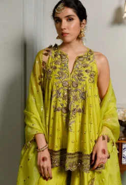 Jahanana Mehendi Green Embroidered Short Anarkali And Sharara With Dupatta Set