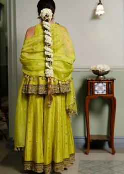 Jahanana Mehendi Green Embroidered Short Anarkali And Sharara With Dupatta Set