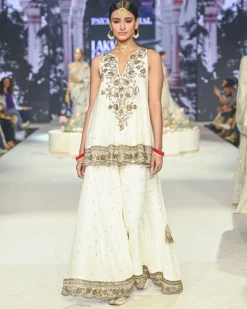 Jahanana Off White Embroidered Short Anarkali With Sharara And Dupatta Set