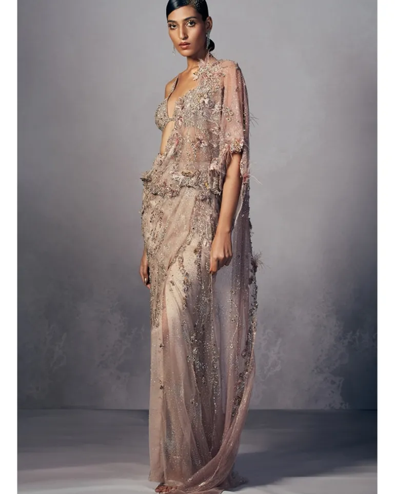 Joyce Shimmer Tulle Draped Sari Set