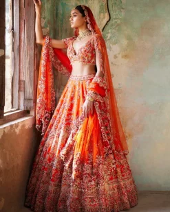 Juno Sunset Orange Raw Silk Bridal Lehenga Set