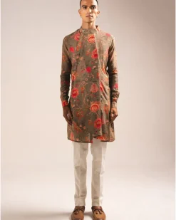 Khakhi Garden Of Eden Pleated Kurta Pyjama Set