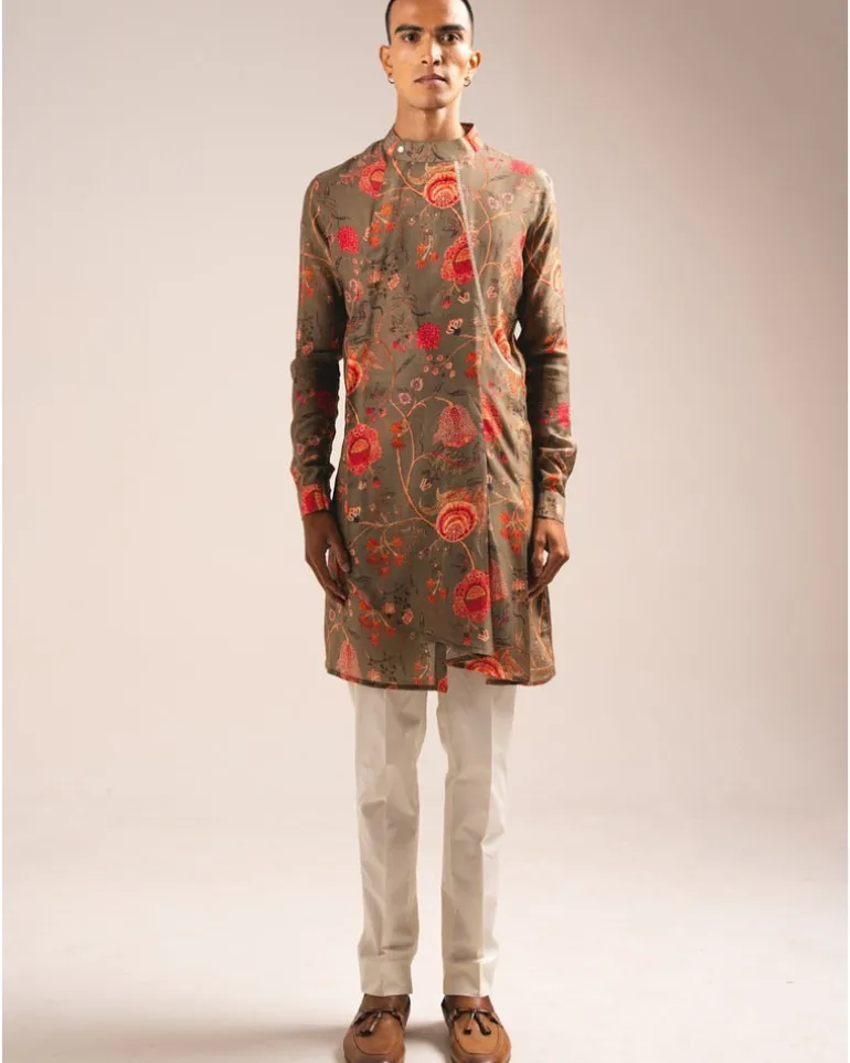 Khakhi Garden Of Eden Pleated Kurta Pyjama Set
