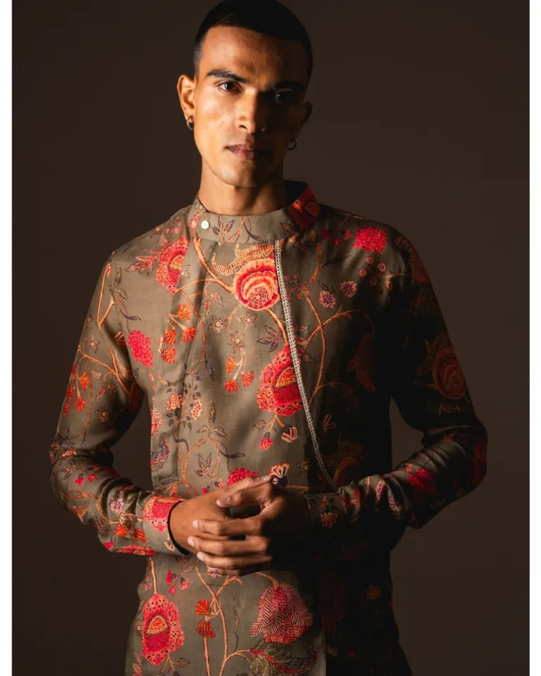 Khakhi Garden Of Eden Pleated Kurta Pyjama Set
