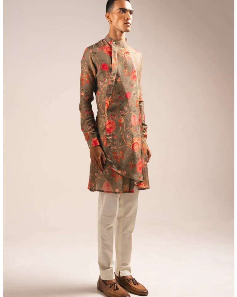 Khakhi Garden Of Eden Pleated Kurta Pyjama Set