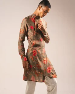 Khakhi Garden Of Eden Pleated Kurta Pyjama Set