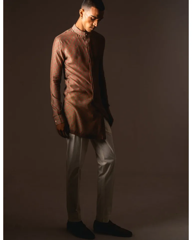 Khakhi Marigold Side Slit Kurta Pyjama Set