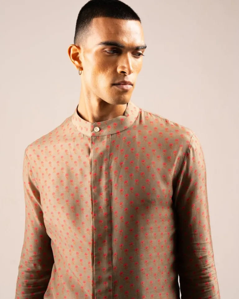 Khakhi Marigold Side Slit Kurta Pyjama Set