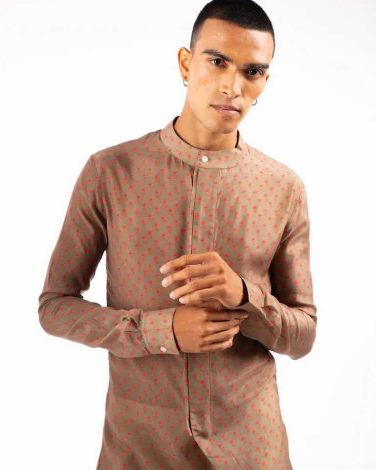 Khakhi Marigold Side Slit Kurta Pyjama Set