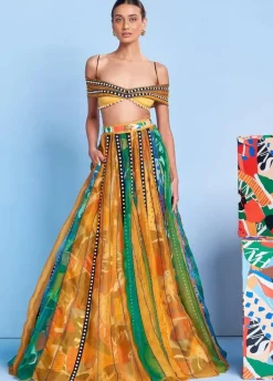Legermash Panelled Lehenga with Rhinestone Off-Shoulder Blouse