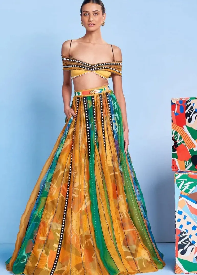 Legermash Panelled Lehenga with Rhinestone Off-Shoulder Blouse