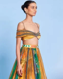 Legermash Panelled Lehenga with Rhinestone Off-Shoulder Blouse